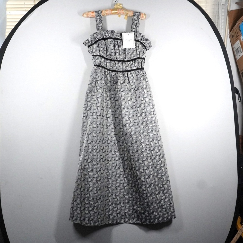 Bright The Label Grey Floral Daisy Ruffle Maxi Dress Black Velvet Trim S Formal